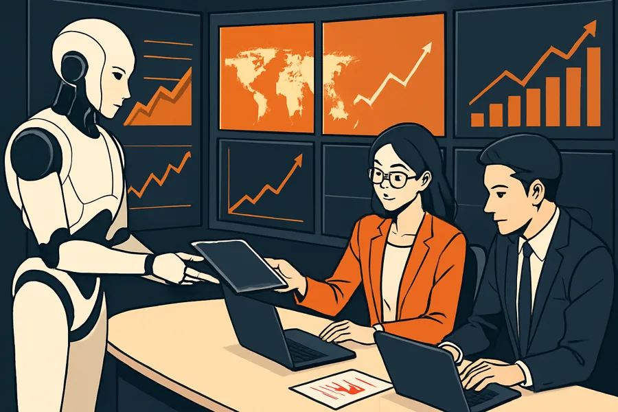 Team working with an AI assistant in a mission-control office