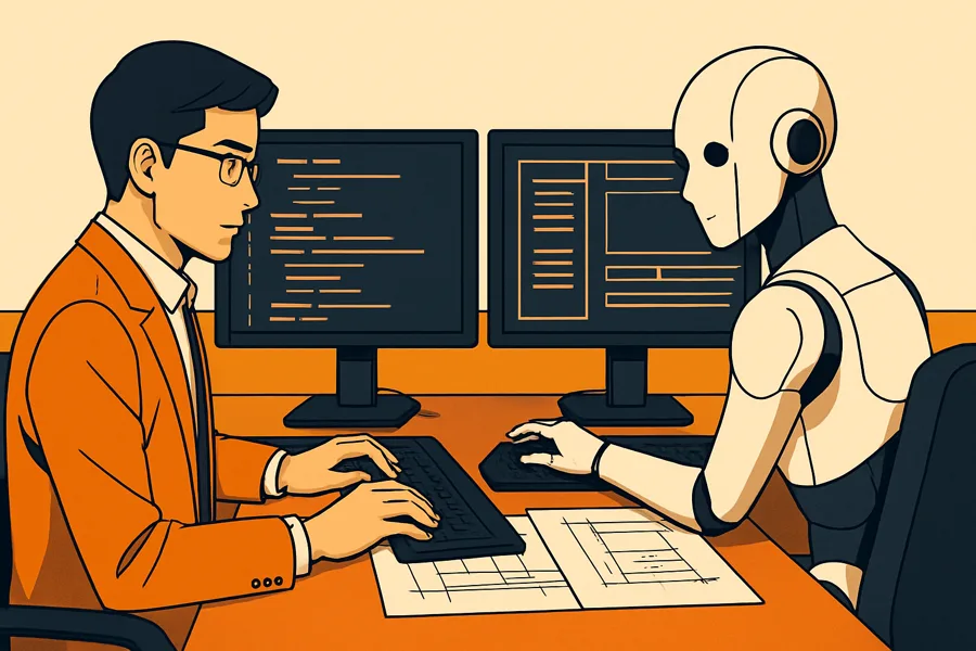 Engineer and robot pair-programming at a dual-monitor desk
