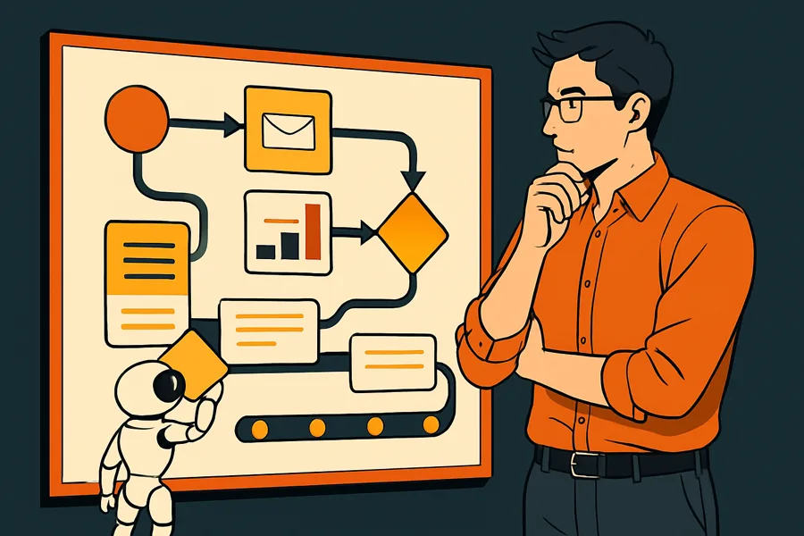 Professional reviewing an automated workflow board with a robot assistant